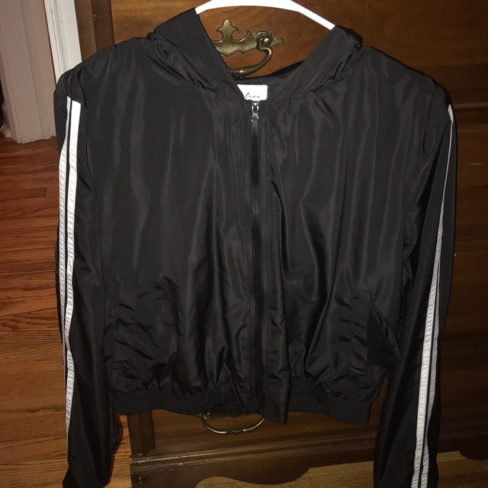 Black and Striped Sleeved Cropped Windbreaker